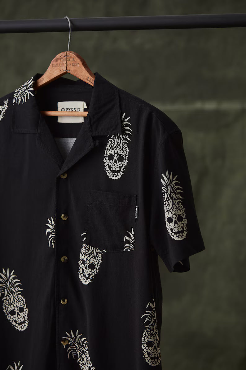 Permanent Vacation Button-Up Shirt - Pineapple Skull All Over Print Hawaiian Shirt