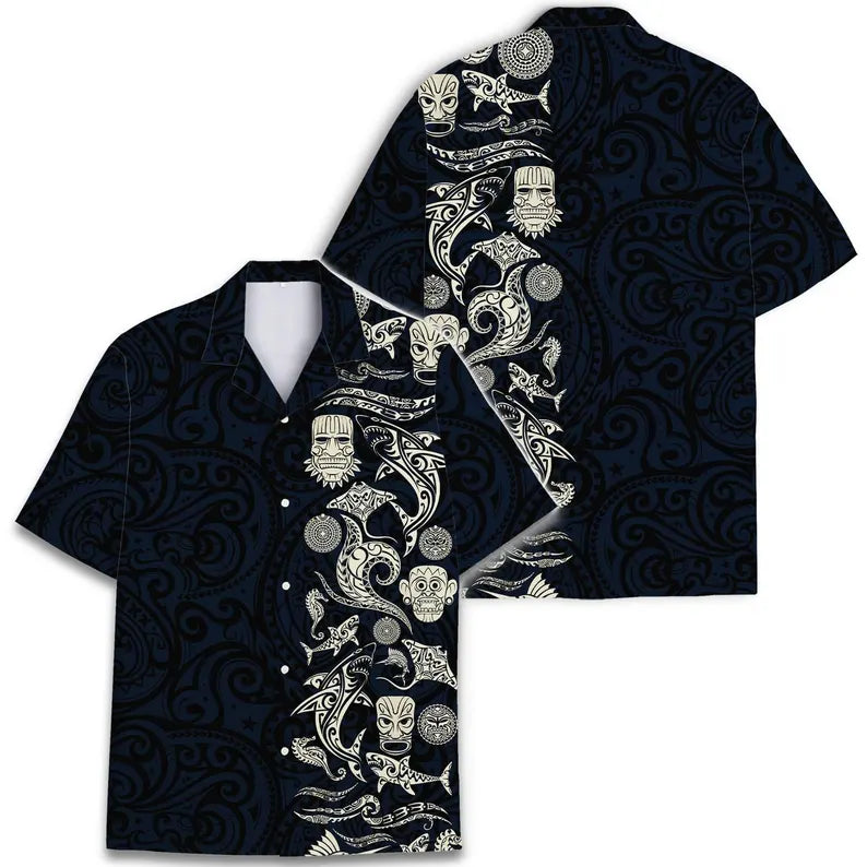 Mens Aloha Shark Tiki Hawaiian Shirt - Floral Boho Short Sleeve Button Down