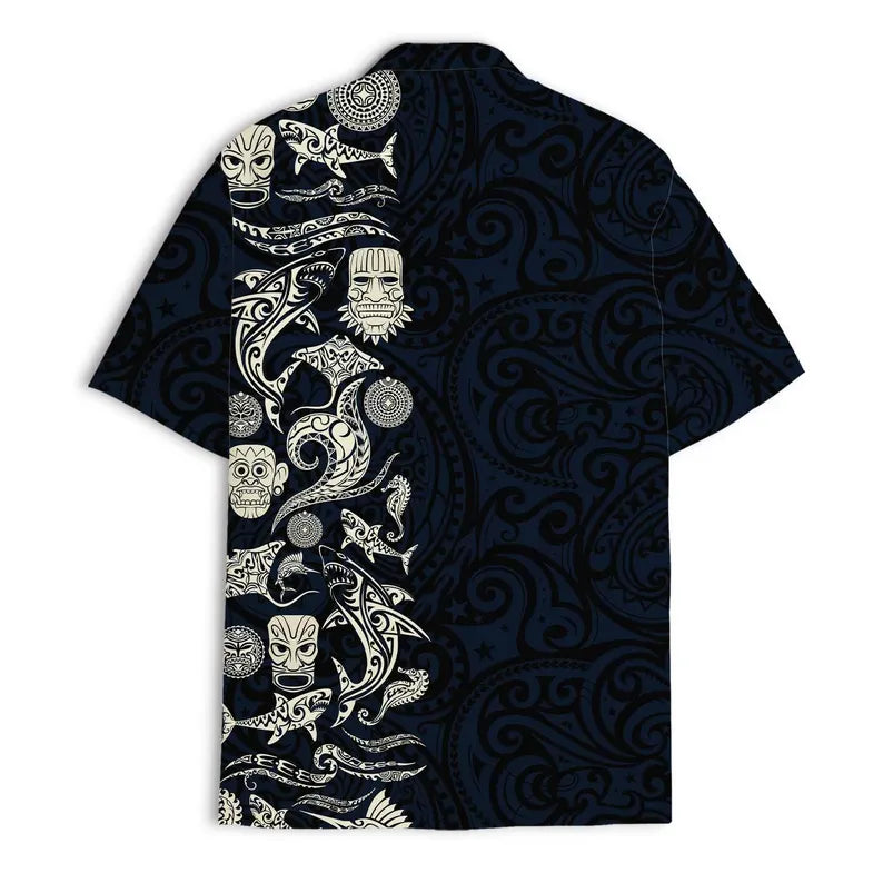Mens Aloha Shark Tiki Hawaiian Shirt - Floral Boho Short Sleeve Button Down