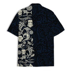 Mens Aloha Shark Tiki Hawaiian Shirt - Floral Boho Short Sleeve Button Down