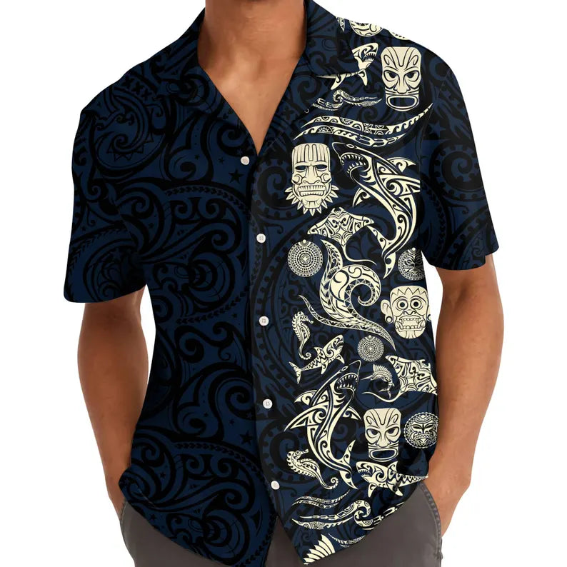 Mens Aloha Shark Tiki Hawaiian Shirt - Floral Boho Short Sleeve Button Down