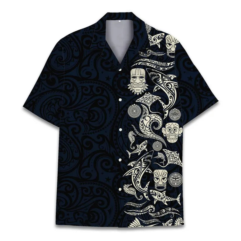 Mens Aloha Shark Tiki Hawaiian Shirt - Floral Boho Short Sleeve Button Down