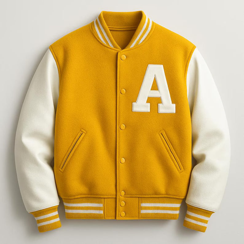Varsity Bomber Jacket - College Letterman Yellow Wool Body Coat