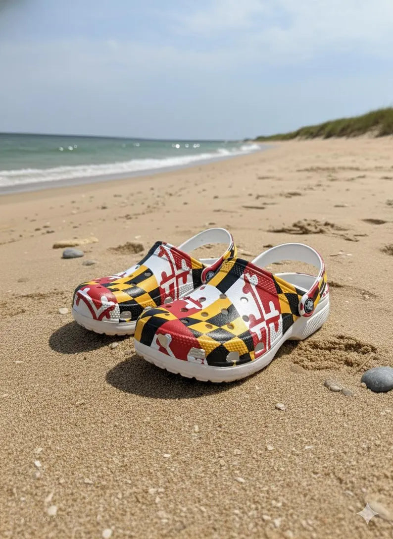 Maryland Flag Unisex Beach Clogs - Maryland Terps Crab Crocs Sandals