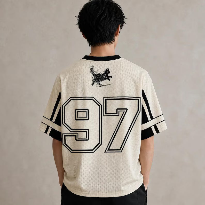 Japanese Cat Football Shirt Cream Black Sketch Neko 97 - Custom Jersey