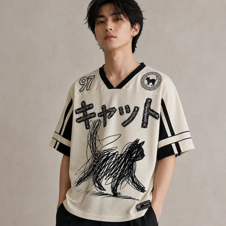 Japanese Cat Football Shirt Cream Black Sketch Neko 97 - Custom Jersey