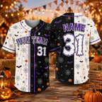 Custom Halloween Split Black White Baseball Jersey | Spooky Half & Half Family Matching Outfit & Ghost Skeleton Trick-or-Treat Shirt