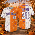 Custom Halloween Split Black White Baseball Jersey | Spooky Half & Half Family Matching Outfit & Ghost Skeleton Trick-or-Treat Shirt