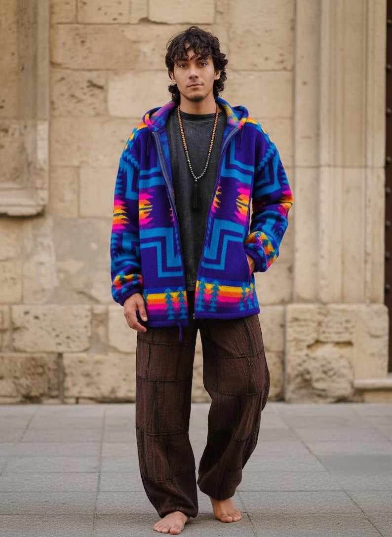 Tribal Fleece Hoodie - Festival Hooded Jacket Boho Hippie Zip Hoodie