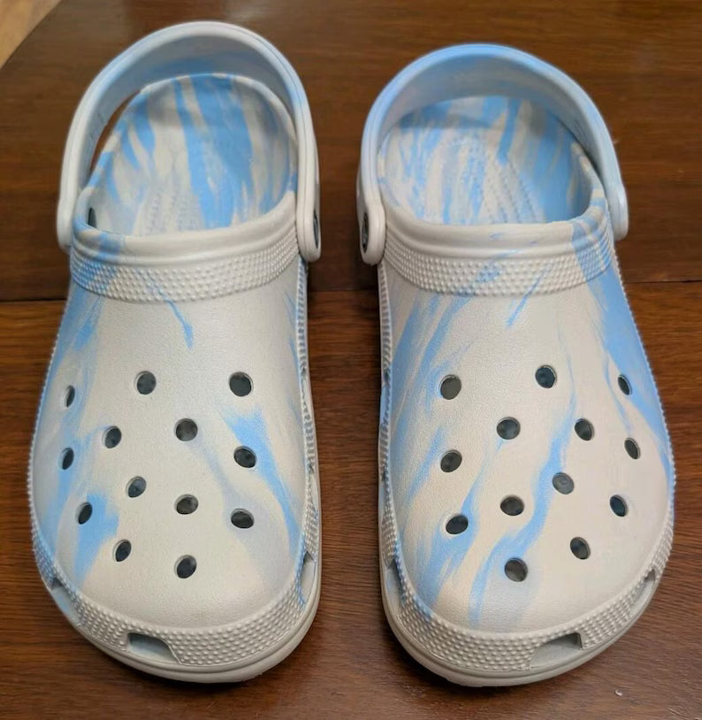 Crocs Classic Marbled Clogs - White/Oxygen Blue Lightweight Summer Slide Clogs