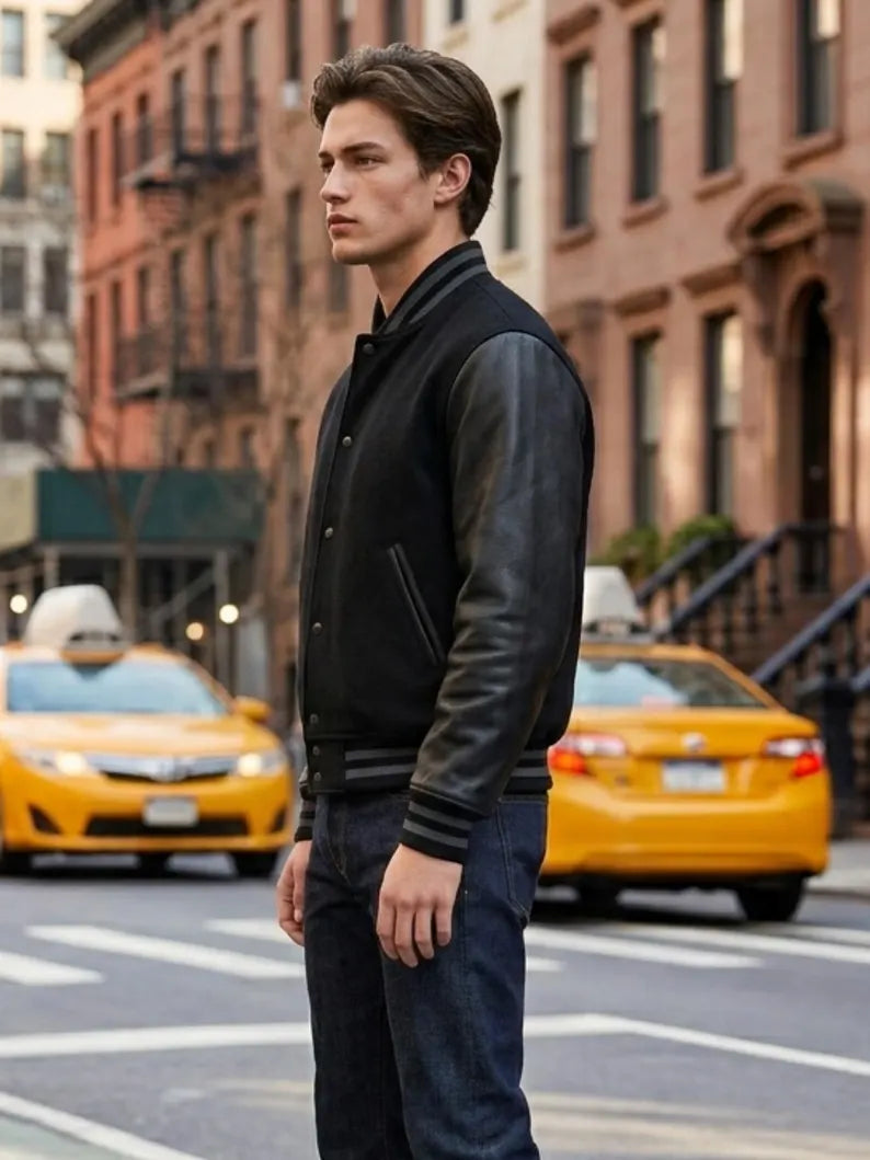 Men Black Varsity Jacket Leather Sleeve Wool Bomber Baseball Jacket Handmade