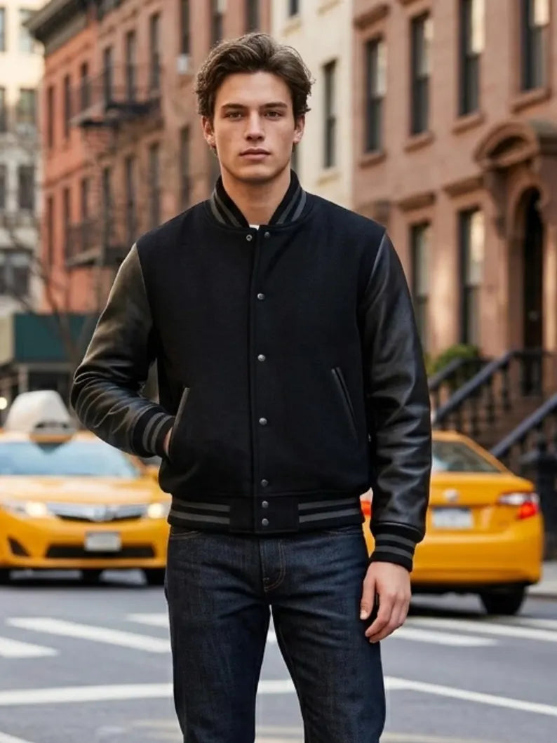 Men Black Varsity Jacket Leather Sleeve Wool Bomber Baseball Jacket Handmade