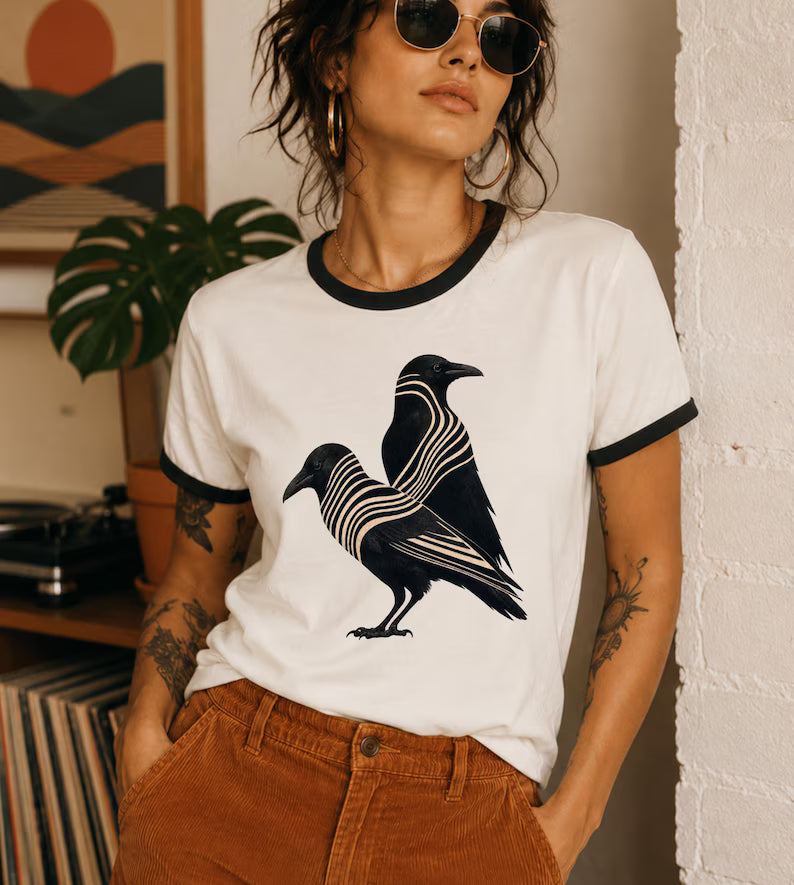 Raven Minimalist Modern T-Shirt - Vintage Ringer Tee Crow Blackbird Graphic