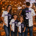 Custom Halloween Split Black White Baseball Jersey | Spooky Half & Half Family Matching Outfit & Ghost Skeleton Trick-or-Treat Shirt