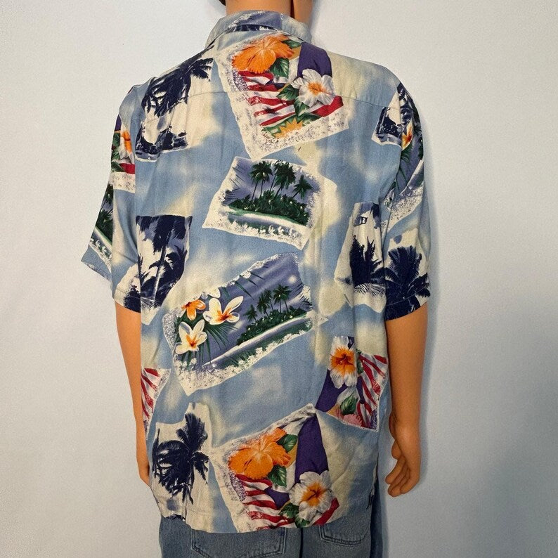 Vintage Burma Bibas Silk Hawaiian Shirt Mens L Blue Floral Palm Tree Camp
