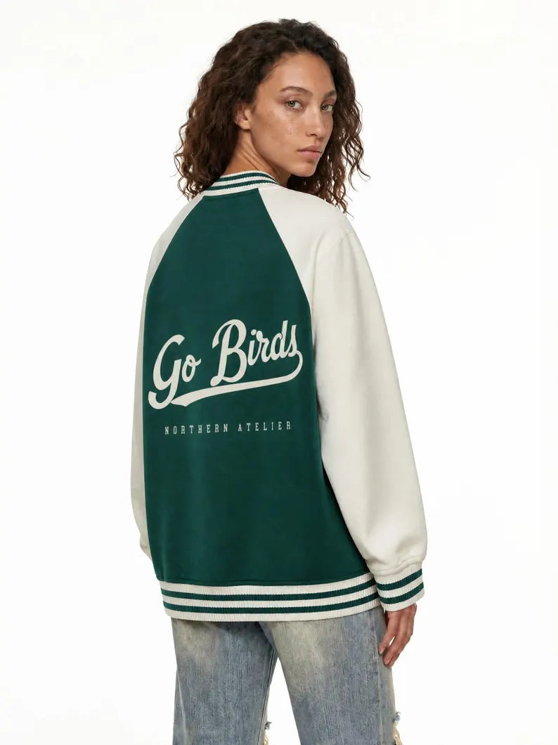 Football Raglan Sleeve Varsity Jacket - Classic Athletic Snap Button College Outerwear