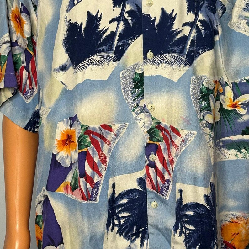 Vintage Burma Bibas Silk Hawaiian Shirt Mens L Blue Floral Palm Tree Camp