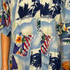Vintage Burma Bibas Silk Hawaiian Shirt Mens L Blue Floral Palm Tree Camp