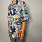 Vintage Burma Bibas Silk Hawaiian Shirt Mens L Blue Floral Palm Tree Camp