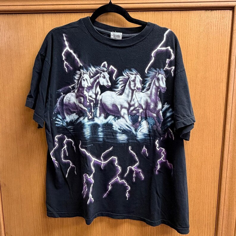 Vintage 90s American Thunder Horse Lightning AOP T Shirt
